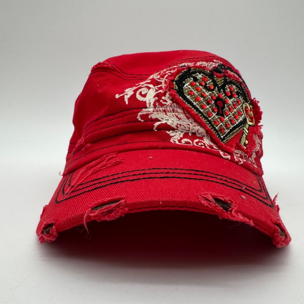 KB Ethos Red Distressed Cadet Hat Heart Rhinestone Key Graphic Cotton Cap